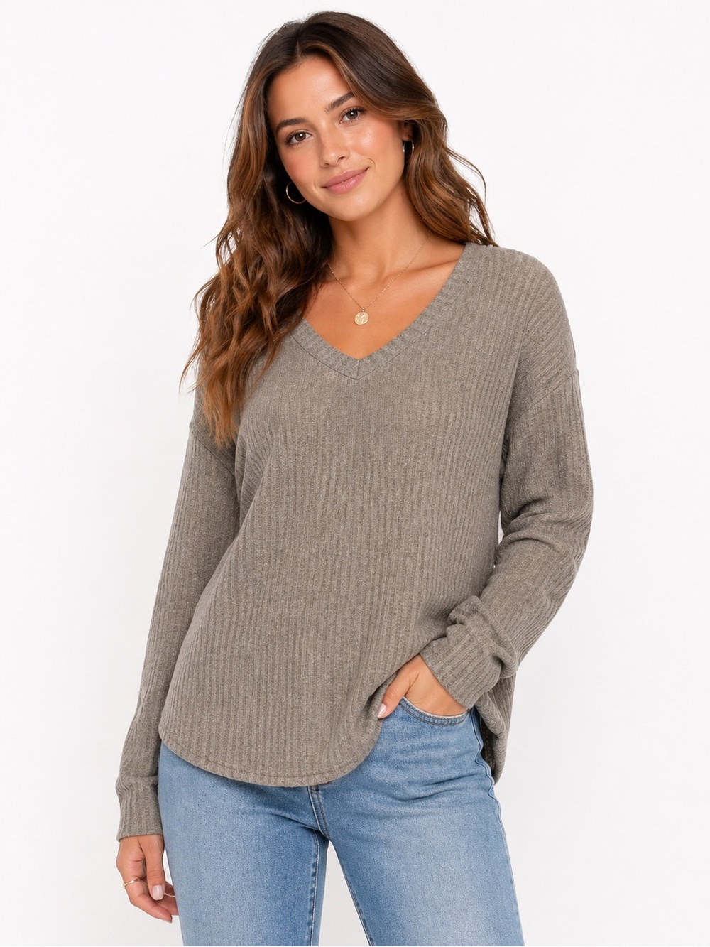 Chaser Size Small Gray V-Neck Long Sleeve Ribbed Top